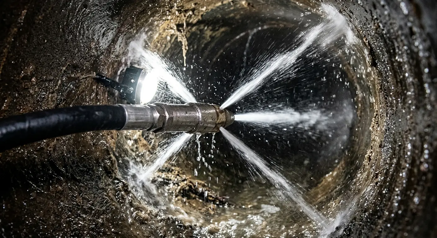 High-pressure hydro jetting nozzle cleaning sewer pipe for Trenchless Sewer Repair in Ennis