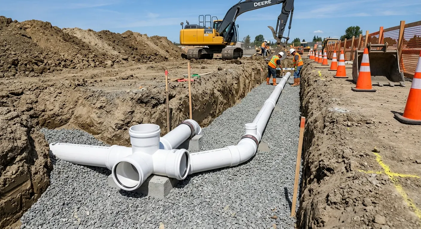 New PVC sewer pipe installation in open trench for Commercial Drain Cleaning in Ennis
