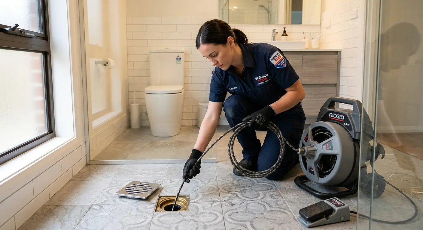Technician clearing a bathroom floor drain for Clogged Drain Repair in Ennis